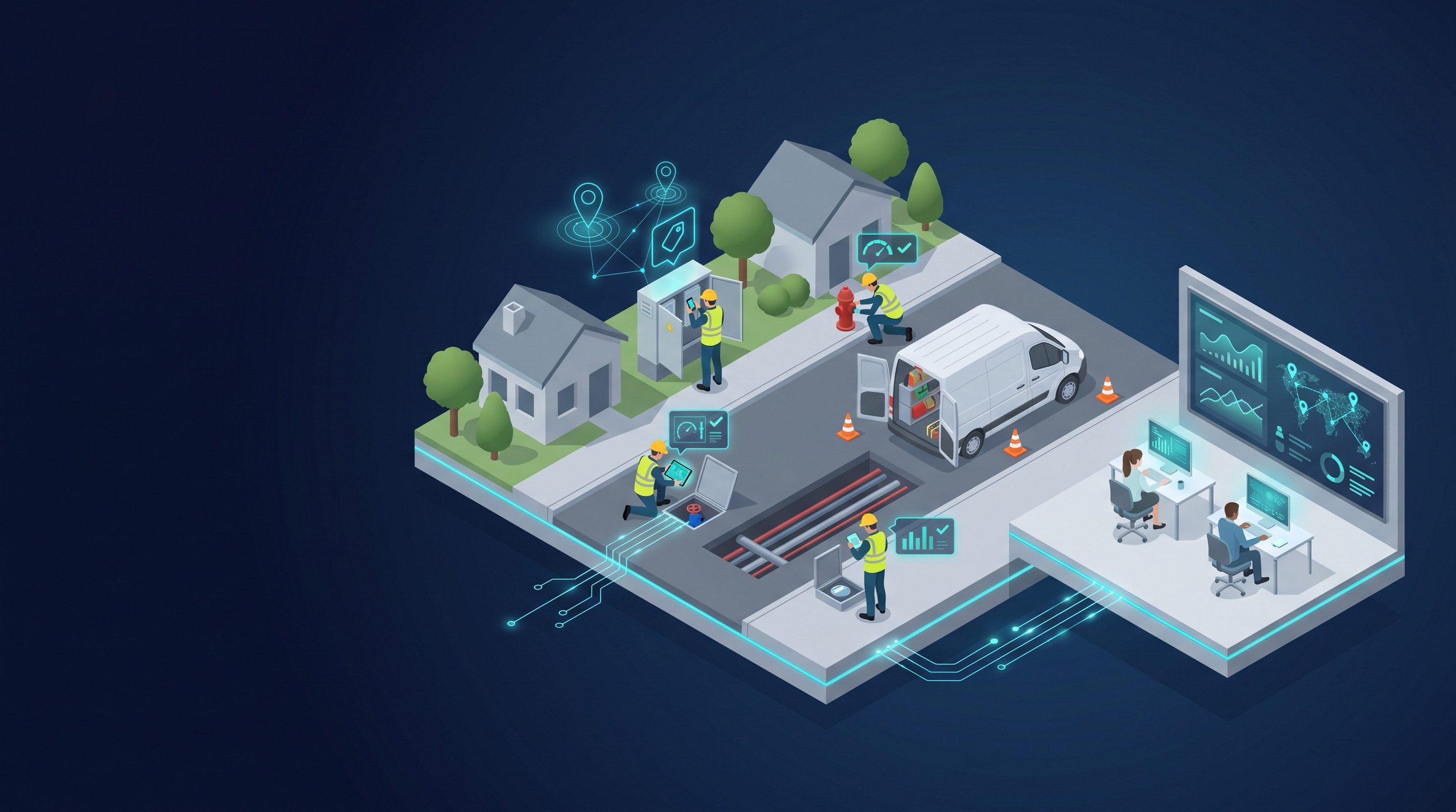 Illustration representing work coordination, maintenance planning, and field operations.